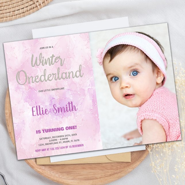 Cartes d'invitation d'anniversaire Winter ONEderla (Winter ONEderland Birthday Invitations Pink Photo)