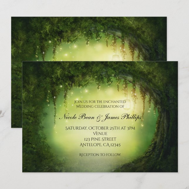 Cartes d'invitation d'arbre de forêt enchantée rus (Devant / Derrière)