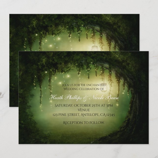 Cartes d'invitation d'arbre de forêt enchantée rus (Devant / Derrière)