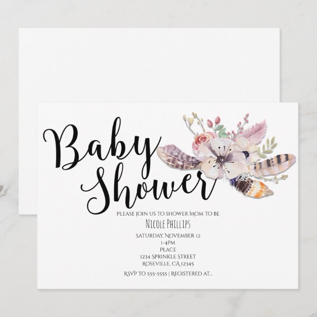 Cartes d'invitation de baby shower bohème chic à f (Devant / Derrière)