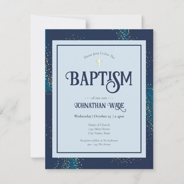 Cartes d'invitation de baptême bleu et or Budget (Devant)