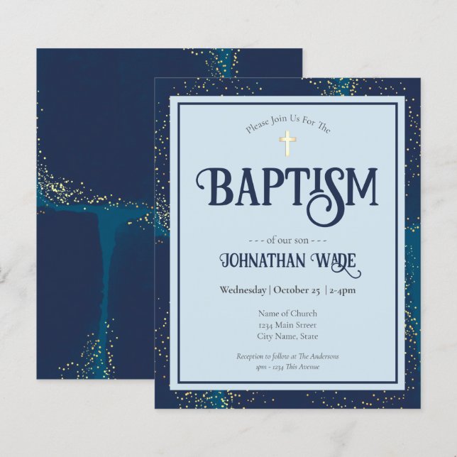 Cartes d'invitation de baptême bleu et or Budget (Devant / Derrière)
