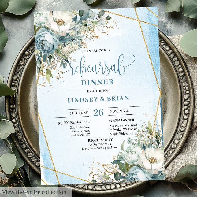 Cartes d'invitation de dîner en bleu poussiéreux f (Chic Dusty Blue Floral Gold Glitter Dinner Invitation)