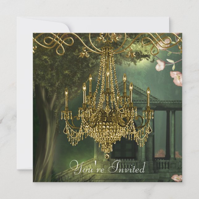 Cartes d'invitation de fête au lustre en or vert f (Devant)