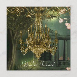 Cartes d'invitation de fête au lustre en or vert f