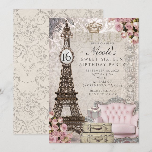 Cartes d'invitation de fête avec la Tour Eiffel et (Devant / Derrière)
