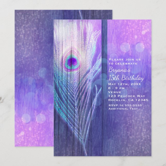 Cartes d'invitation de fête Boho Glam Purple Plume (Devant / Derrière)