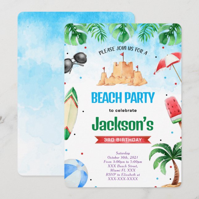 Cartes d'invitation de fête d'anniversaire à la pl (Devant / Derrière)