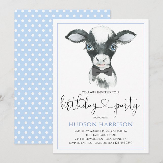 Cartes d'invitation de fête d'anniversaire de Cow  (Devant / Derrière)