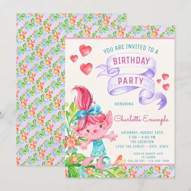 Cartes d'invitation de fête d'anniversaire de trol (Devant / Derrière)
