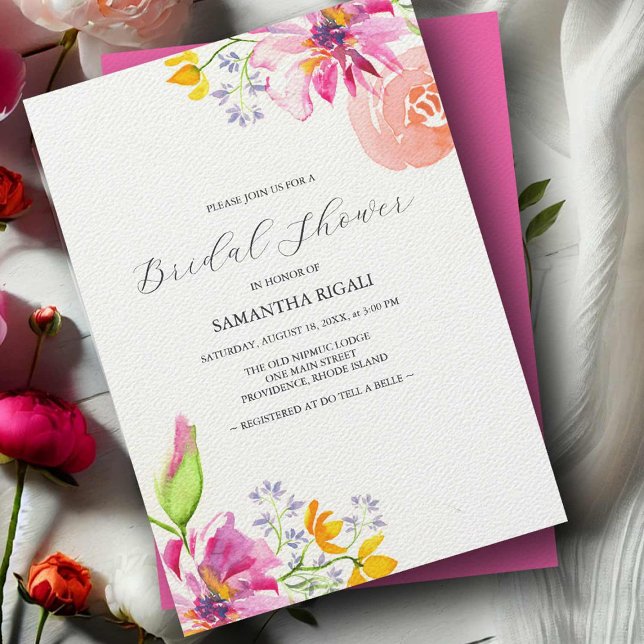 Cartes d'Invitation de Fête de Fiançailles Florale (Bridal shower invitations vibrant pink watercolor floral art by Victoria Grigaliunas DoTellABelle)