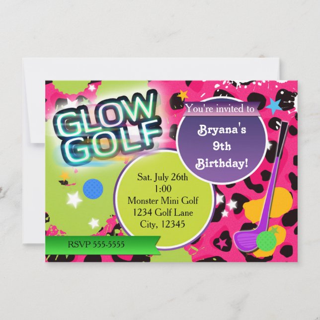 Cartes d'invitation de fête de golf Glow Leopard R (Devant)