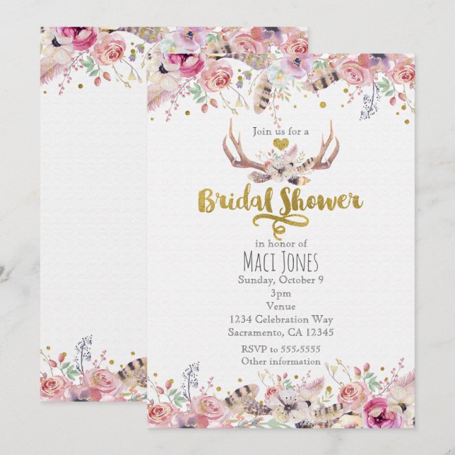 Cartes d'invitation de Fête de Mariage Fleurs & Bo (Devant / Derrière)