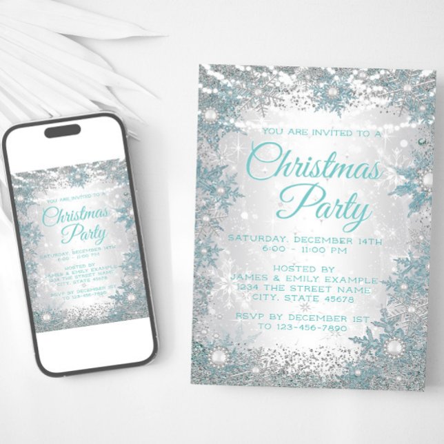 Cartes d'invitation de fête de Noël à motif de flo (Teal blue silver snowflake Christmas party invitation. Available for instant download and print.)
