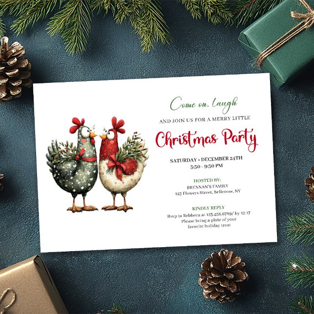 Cartes d'invitation de fête de Noël de poulets de  (Whimsical Chickens Cartoon Christmas Party Invitation)