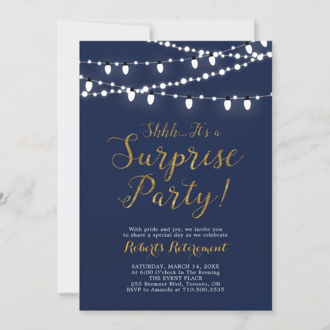 Cartes d'invitation de fête de retraite en or surp (Devant)