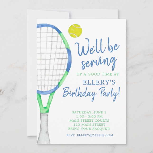 Cartes d'invitation de fête de tennis Bleu & Vert  (Devant)