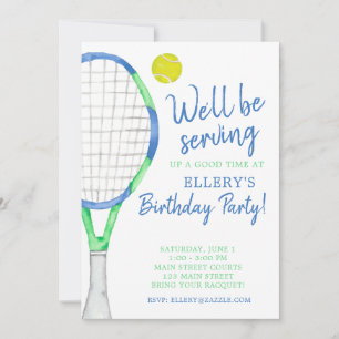 Cartes d'invitation de fête de tennis Bleu & Vert 