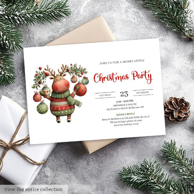 Cartes d'invitation de fête de vacances à l'aquare (Quirky Reindeer watercolor holiday party invitation)