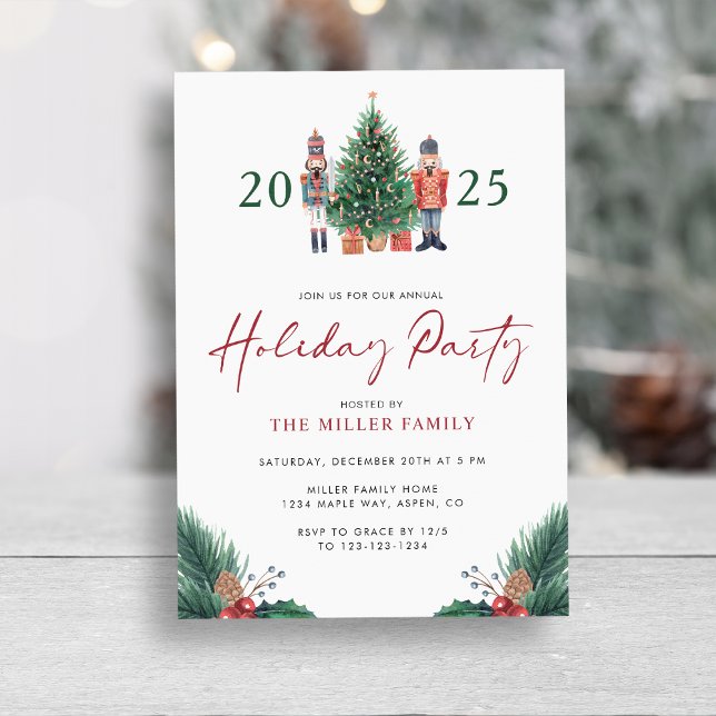 Cartes d'invitation de fête de vacances botaniques (Christmas 2025 Nutcracker Watercolor Botanical Holiday Party Invitations by Painted Paperie
)