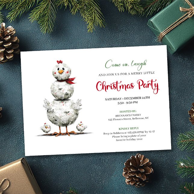 Cartes d'invitation de fête de vacances de poulets (Whimsical Cartoon Chickens Holiday Party Invitation)