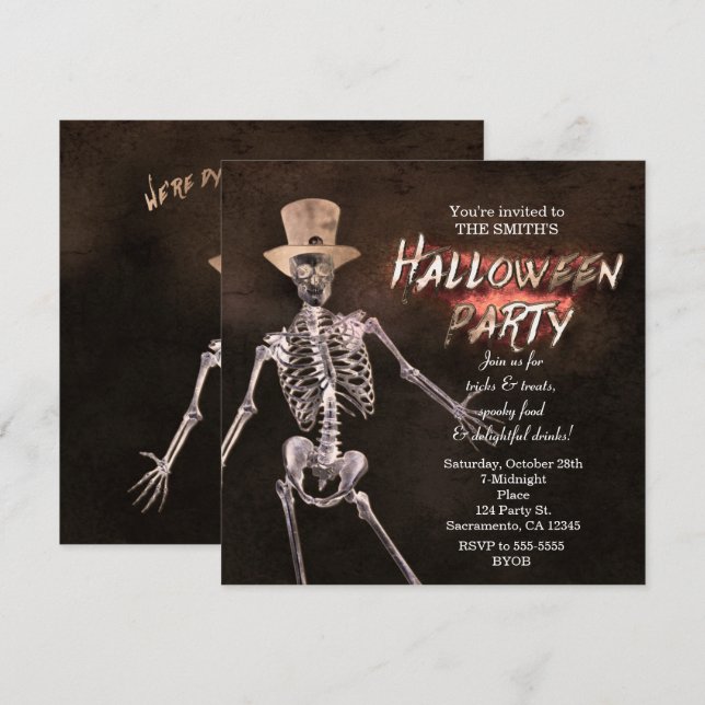 Cartes d'invitation de fête d'Halloween squelette  (Devant / Derrière)