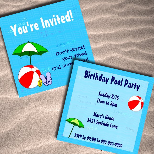 Cartes d'invitation de fête personnalisées sur le  (Beach or Pool Party Custom Invitations)
