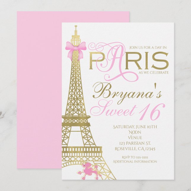 Cartes d'invitation de fête rose et or élégantes e (Devant / Derrière)