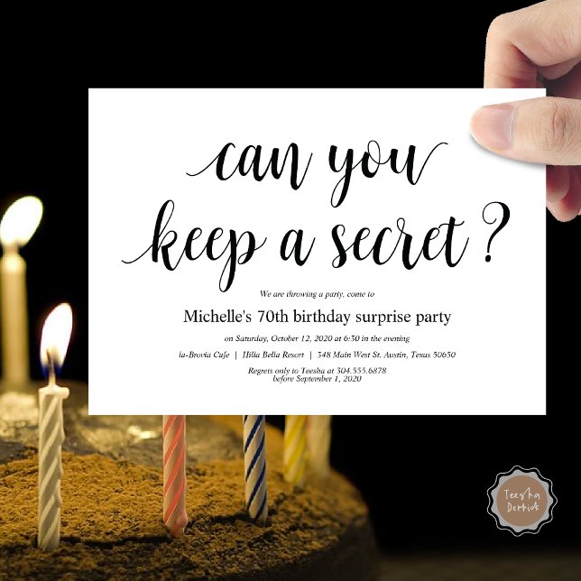 Cartes d'invitation de fête surprise d'anniversair (Can you keep a secret ?  Surprise Birthday invitation card, pdf, modern script, in black and white)