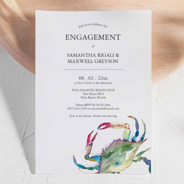 Cartes d'Invitation de Fiançailles au Thème du Cra (Nautical crab engagement invitations features unique art and design by Victoria Grigaliunas)
