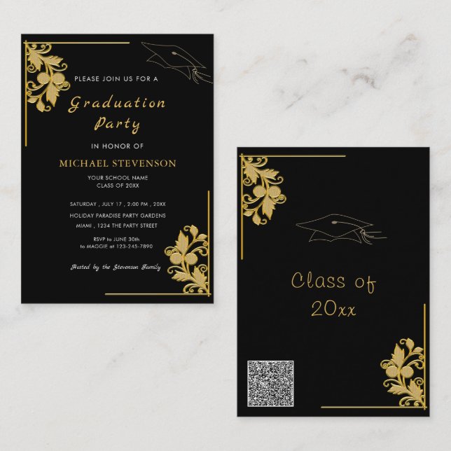 Cartes d'invitation de fin d'études à fleurs dorée (Devant / Derrière)