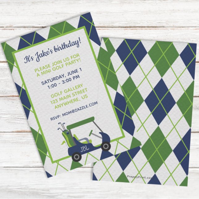 Cartes d'invitation de golf à carreaux Navy & Vert (Créateur téléchargé)