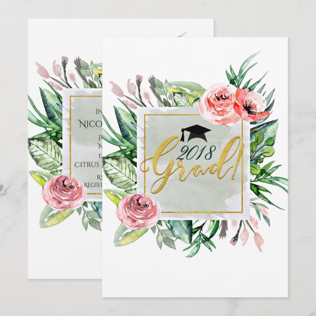 Cartes d'invitation de graduation florales moderne (Devant / Derrière)
