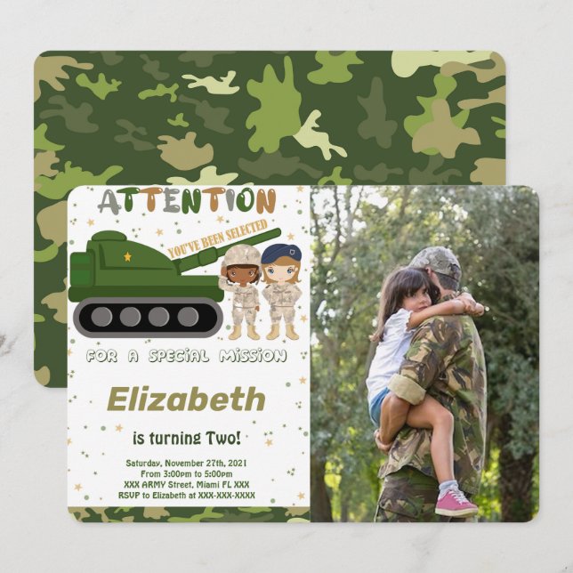 Cartes d'invitation de l'armée modifiables (Devant / Derrière)