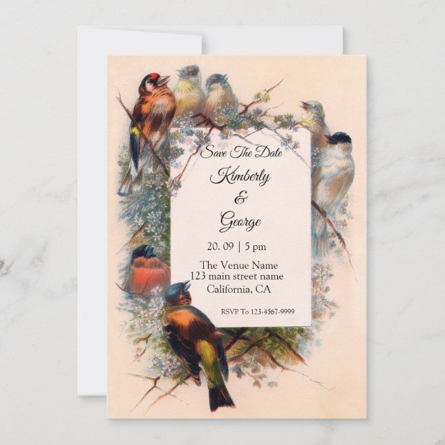 Cartes d'invitation de mariage à cadre d'oiseaux v (Devant)