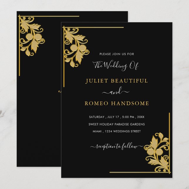 Cartes d'invitation de mariage à cadre floral doré (Devant / Derrière)