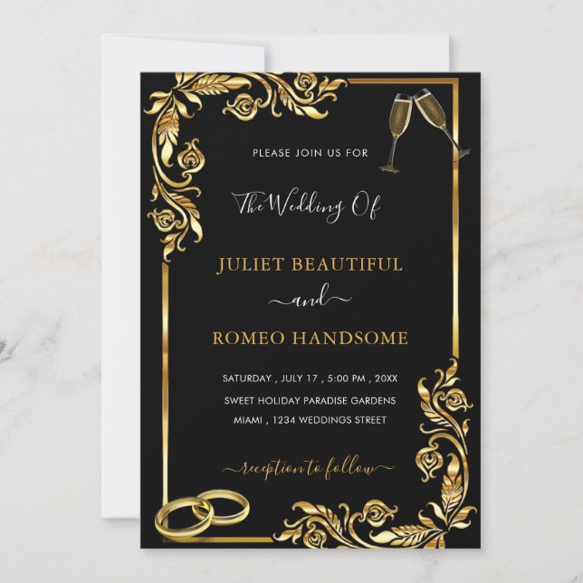 Cartes d'invitation de mariage à cadre floral doré (Devant)