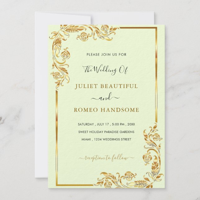 Cartes d'invitation de mariage à cadre floral doré (Devant)
