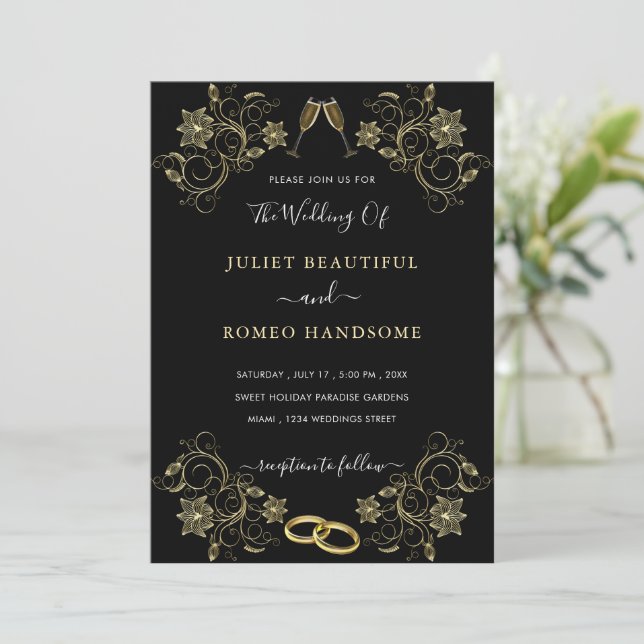 Cartes d'invitation de mariage à cadre floral doré (Debout devant)