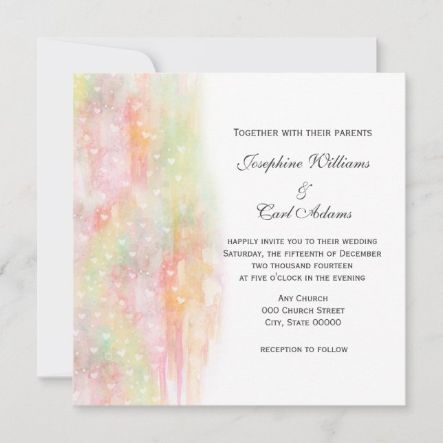 Cartes d'invitation de mariage à coeurs aquarelle  (Devant)