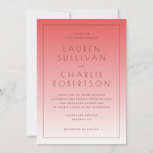 Cartes d'invitation de mariage à dégradé rose élég (Devant)