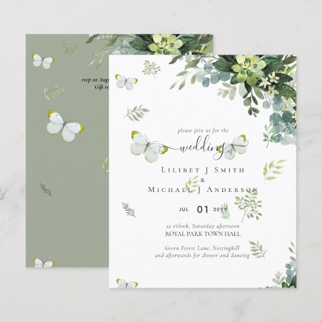Cartes d'invitation de mariage à feuillage vert él (Devant / Derrière)