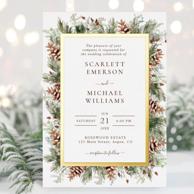 Cartes d'invitation de mariage à feuilles vertes h (Elegant Forest Pinecone Mountain Greenery Gold Foil Wedding Invitations by Painted Paperie
)