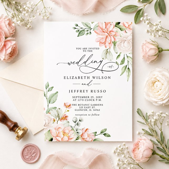 Cartes d'invitation de mariage à fleurs blanches b (Budget Elegant Modern Blush White Floral Wedding Invitation)