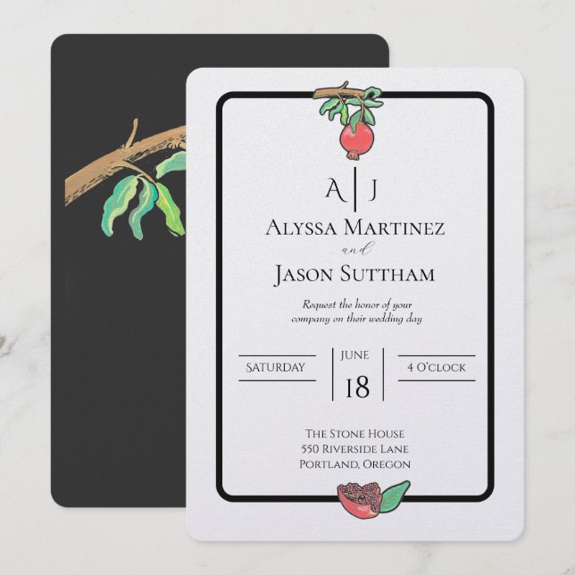 Cartes d'invitation de mariage à la grenade peinte (Devant / Derrière)