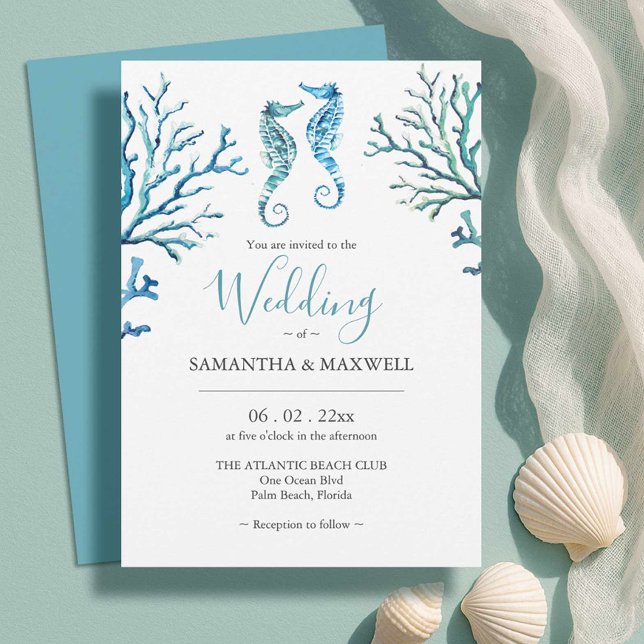 Cartes d'invitation de mariage à la plage aquarell (Beach wedding invitations unique watercolor seahorse art by Victoria Grigaliunas Do Tell A Belle)