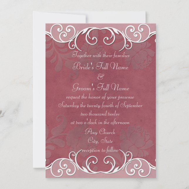 Cartes d'invitation de mariage à la rose embossée  (Devant)
