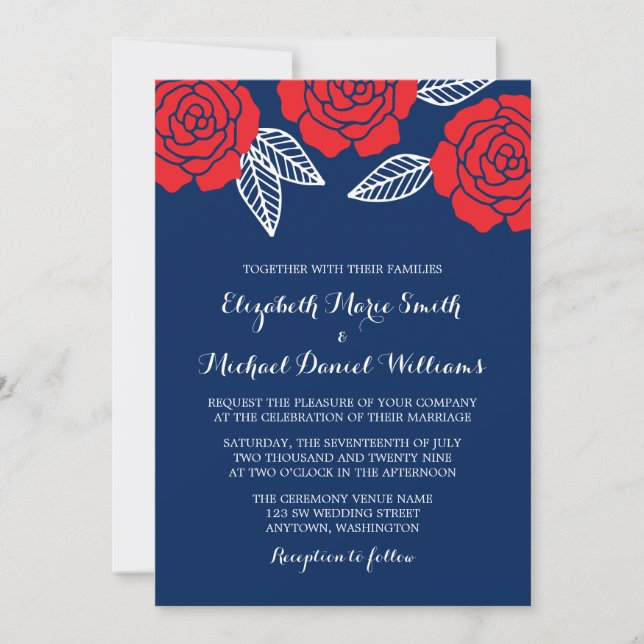 Cartes d'invitation de mariage à la rose rouge et  (Devant)
