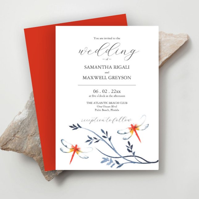 Cartes d'invitation de mariage à l'aquarelle avec  (Red dragonfly wedding invitation features unique watercolor art by Victoria Grigaliunas)