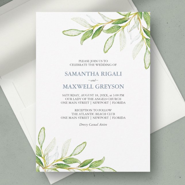 Cartes d'invitation de mariage à l'aquarelle avec  (wedding invitation sage green botanical watercolor greenery unique art by Victoria Grigaliunas )
